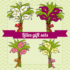Set of gift bouquets of calla lilies on chevron background