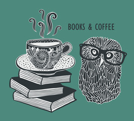 Naklejka premium Coffee and books with cute clever owl in eyeglasses.