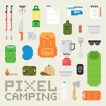Pixel art camping goods isolated vector objects
