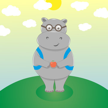 Cute cartoon hippo in eyeglasses, with backpack and an apple