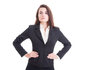 Obraz premium Stubborn boss, manager or business woman holding hands on waist