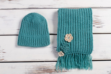 Woolen scarf and hat.