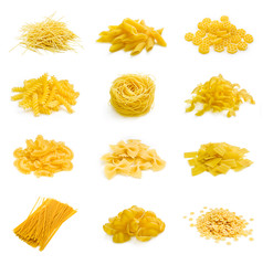 Big collection of italian pasta on white