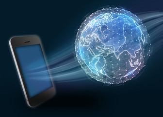 Phone and digital world map of the global telecommunications