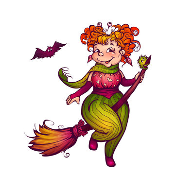 Halloween witch with bat flying to party. Vector illustration