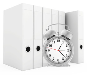 Office blank folder with alarm-clock in front. White background