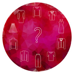Clothes icons set on garnet circle gem background. Vector illustration useful for labels, tags, sale announcement, stickers, emblems, badges