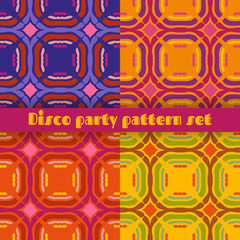 Retro seamless patterns set. 70's fashion style inspired. Bright and groovy vector illustrations set for disco theme events, textile, wrapping.  
