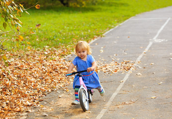 cute little girl riding runbike in autumn