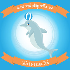 Cute cartoon dolphin playing with ball. Vector illustration suitable for invitations, brochures, flyers, coupons