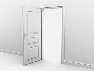 Open interior doors in a white abyss