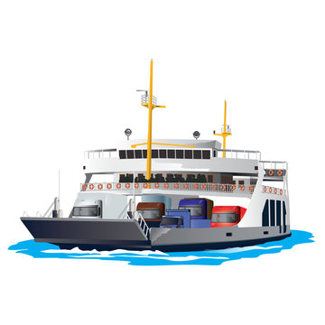 Ferry Boat Isolated On White Background. It Is Taking Cars And Trucks Crossing The Harbor. Vector, Illustration.