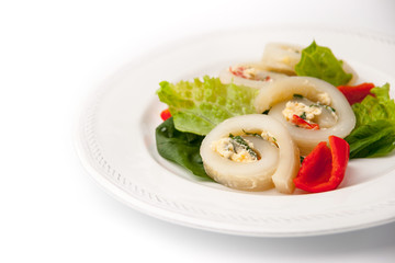 Squid roll with cheese and vegetables on the white background horizontal