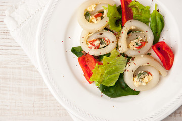 Squid roll with cheese and vegetables on the ceramic plate top view