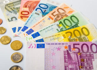 Closeup of banknotes and coins