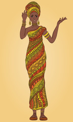 Dancing beautiful African woman in turban and traditional costume with ethnic geometric ornament full length. Hand drawn vector illustration.