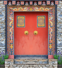 Bhutan style door and wall entrance