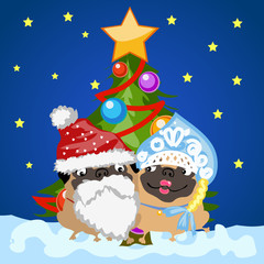 Two dogs - Santa Claus and snow maiden with Christmas tree