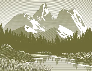 Abwaschbare Fototapete Olivgrün Illustration im Holzschnitt-Stil einer Bergsee-Szene.