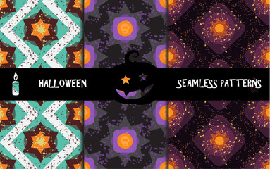 Grunge colorful halloween geometric seamless patterns