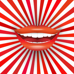 Happy smiling woman's mouth on red sunburst background. Big smile, red lipstick, white teeth