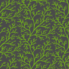 Fototapeta na wymiar Green dill ornate seamless pattern on dark gray background. Herb organic spice for healthy eating