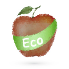 Polygonal red apple isolated on white. Illustration of low poly apple with a green banner. Symbol of eco food, organic products and healthy eating.