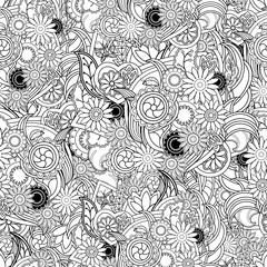 Floral black outline background. Seamless texture with flowers a
