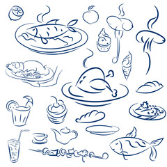 Set food and drinks sketch. Doodles collection mangal menu and d