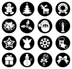 Sammlung: Runde, schwarz-weiße, weihnachtliche Buttons / Flat Design / Vektor / freigestellt 