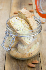 Traditional Italian homemade biscotti in a glass jar