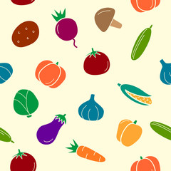 Pattern vegetables vector: cucumber, radish, beets, potato, carrot, mushroom, eggplant, cabbage, pepper, pumpkin, garlic, tomato, corn