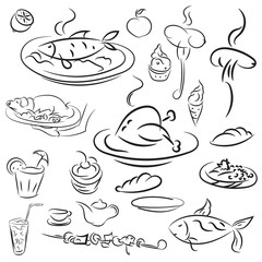 Set food and drinks sketch. Doodles collection mangal menu and d