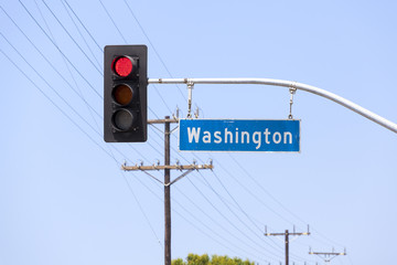 Washington avenue street sign and traffic lights, California, US