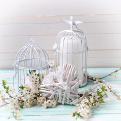 White spring flowering branches of trees, decorative heart  and
