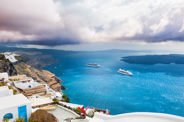 Panoramic view of Santorini island, Greece.