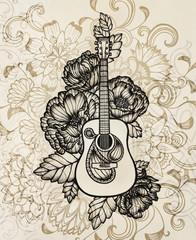 Obraz premium acoustic guitar with flower design, hand drawn illustration in vintage sepia color with black inking, cool abstract music poster or concert design concept, elaborate music art design background