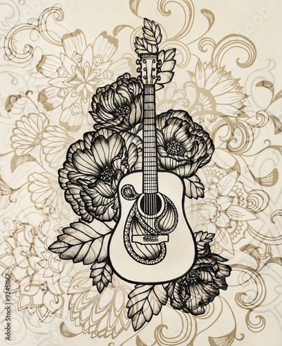 Acoustic Guitar With Flower Design Hand Drawn Illustration In Vintage Sepia Color Black Inking Acoustic Guitar With Flower Design Hand Drawn Illustration In Vintage Sepia Color Black Inking