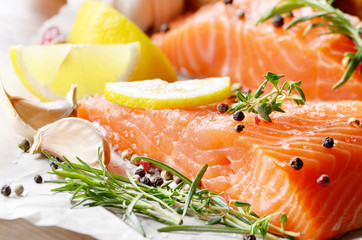Raw salmon on baking paper