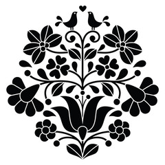 Kalocsai black embroidery - Hungarian floral folk pattern with birds