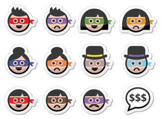 Thief man and woman faces in masks icons set 