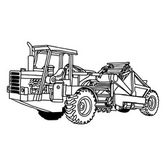 illustration vector doodles hand drawn of wheel tractor scraper - obrazy, fototapety, plakaty
