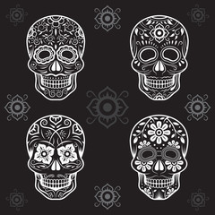 Day of the Dead Skulls, Black and White Set, Black or Dark Background