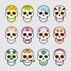 Day of the Dead Skulls, Colorful Set, Two Tone Faces