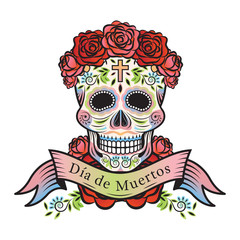 Day of the Dead Skull with Roses and Label, White Background