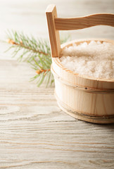 Salt in wooden bucket