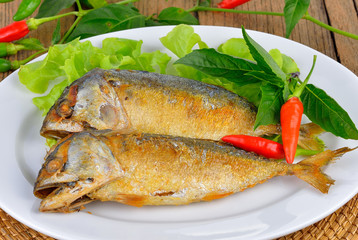 Fried Mackerel on wooden background