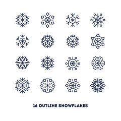 Snowflakes and gifts outline icons set for new year card, interface, illustration.  Modern vector illustration and stylish design element