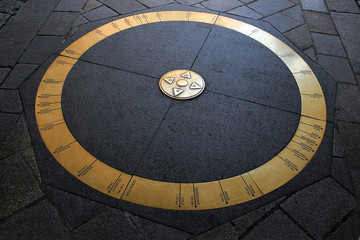Ring in stone pavement in the middle of Bratislava, Slovakia with world´s destinations, called Wind Rose
