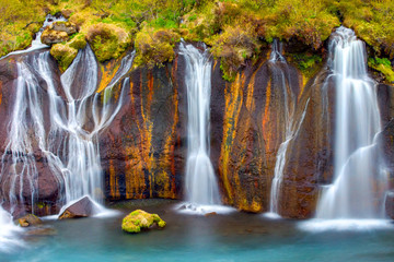 Detail of the Hraunfossar falls in Iceland